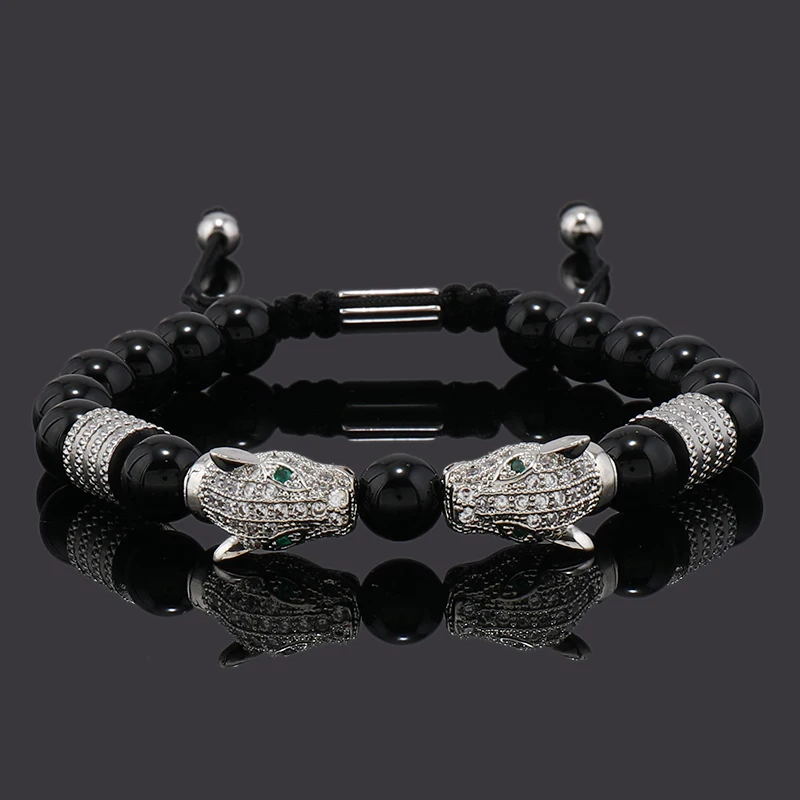 2026 New Luxury Black Stone Beads Man Bracelet Leopard Head Charms Women Bracelets Couple Unisex Jewelry Valentine's Day