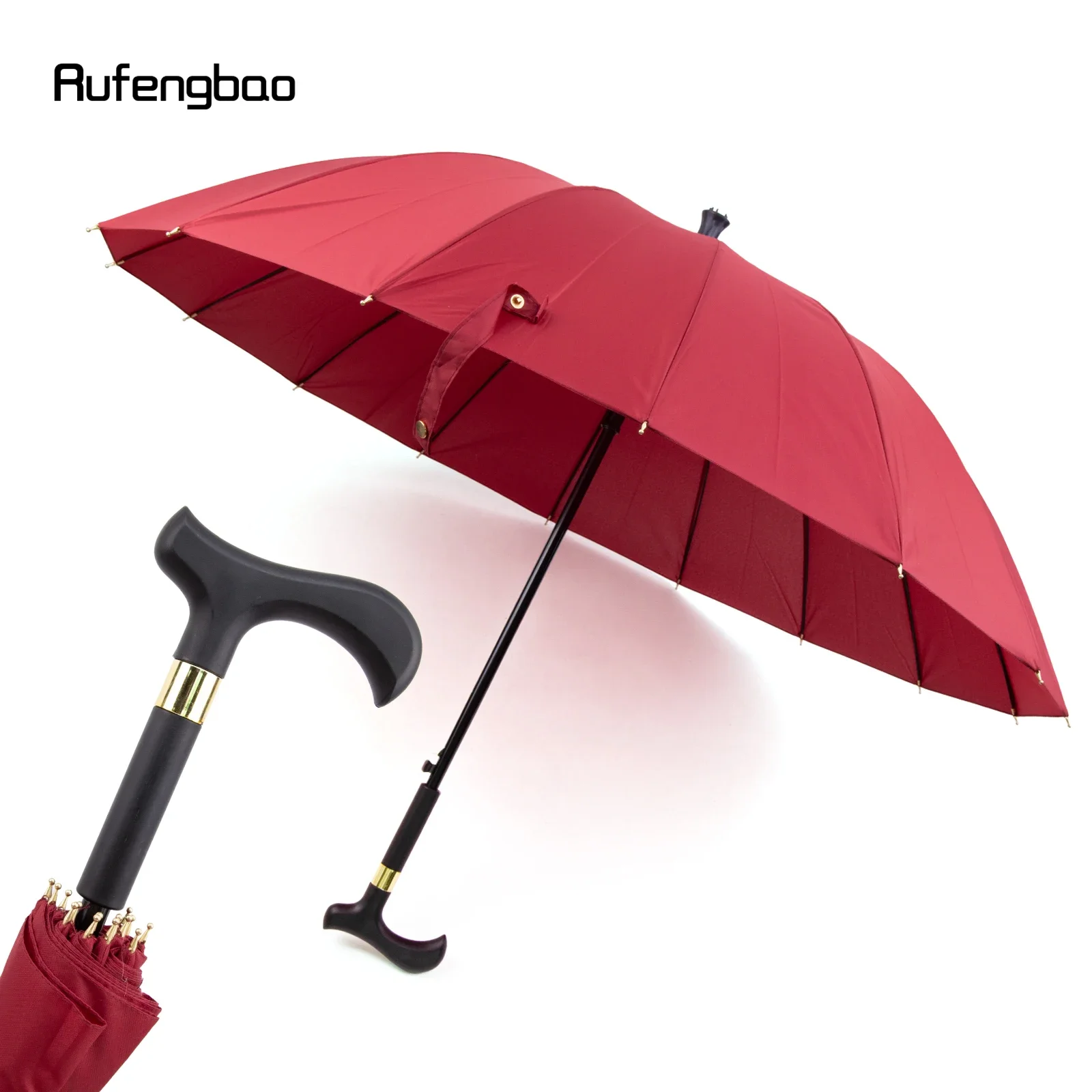 Ombrello in canna antivento automatico rosso, ombrello allargato con manico lungo per entrambi i giorni soleggiati e piovosi bastone da passeggio Crosier 86 cm
