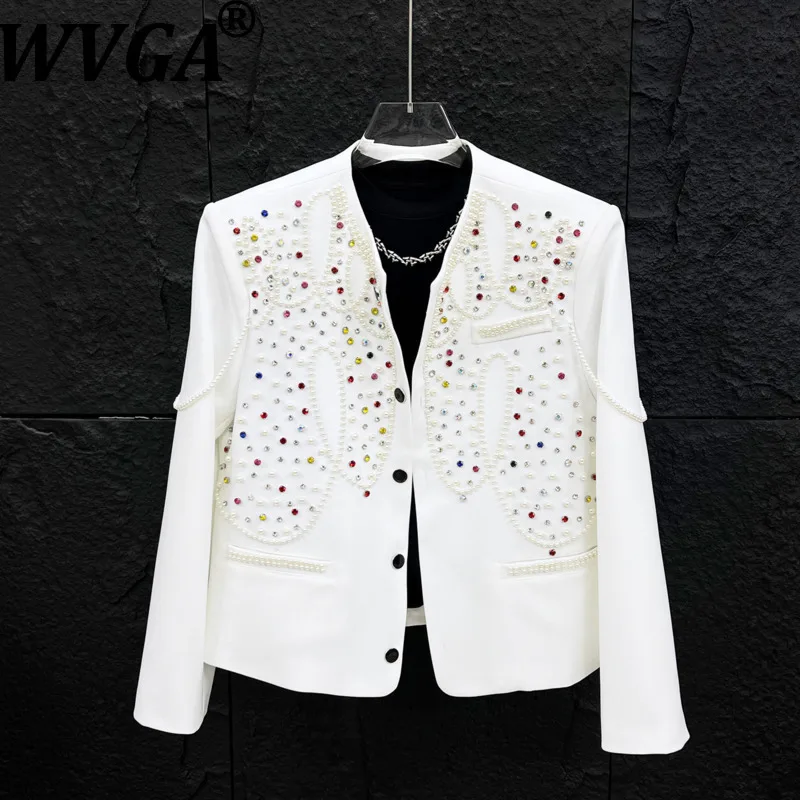 

WVGA 2026 Spring Autumn New Men Tide High-end Heavy Diamond-studded Pearl Short Jacket Niche Chic Casual Collarless Coats W18302