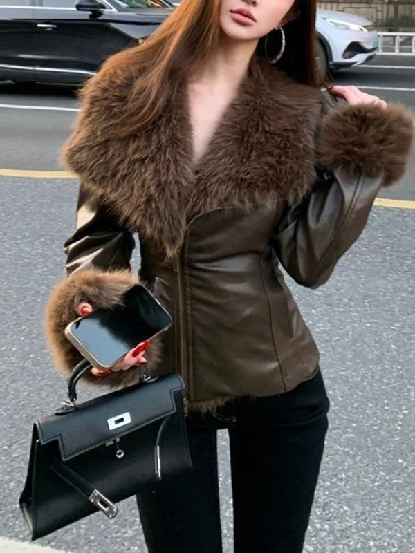 

Slim Fit ort Leather Jaet Women's Faionable Quilted Coat with Fur Collar Autumn Winter Commute Sle Warm Zipper Closure