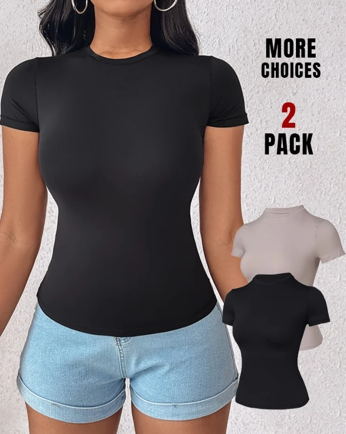 

Women's Fashion Pullover 2024 Summer New Solid Color Two piece Set Round Neck Short Sleeve T-shirt Slim Fit Basic T-shirt