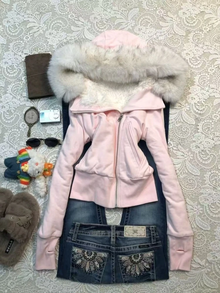 Aesthetic Vintage Slim Hooded Coat Women Winter Y2k Retro 2000s Zipper Fur Collar Hoodies Korean Streetwear Clothing 2025 New