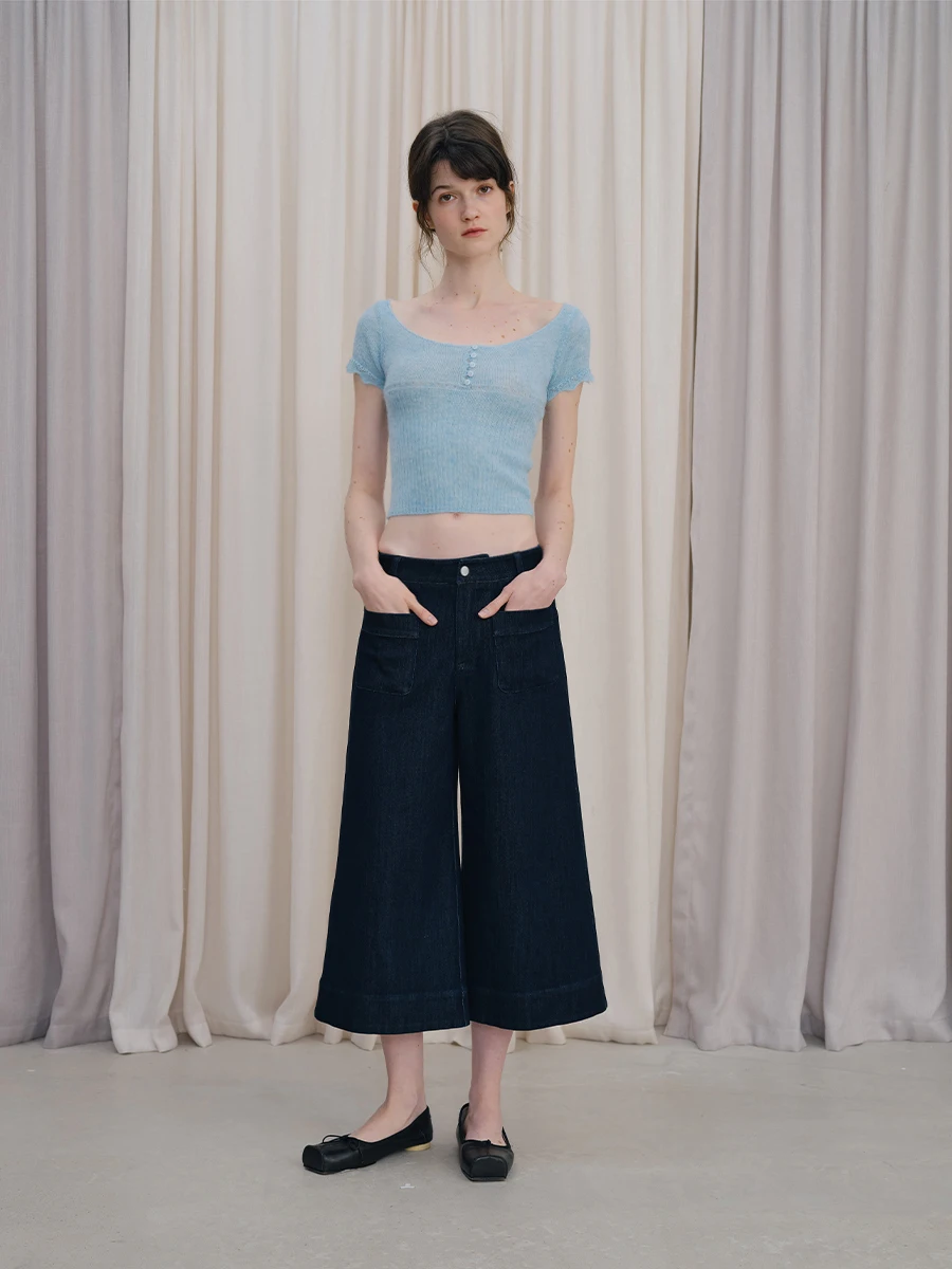 

DKZ Spring Blue U-Ne Knitted ort Sve Women's Slim Fit Inner Wear Top Soft Knitwear Casual Daily Sle