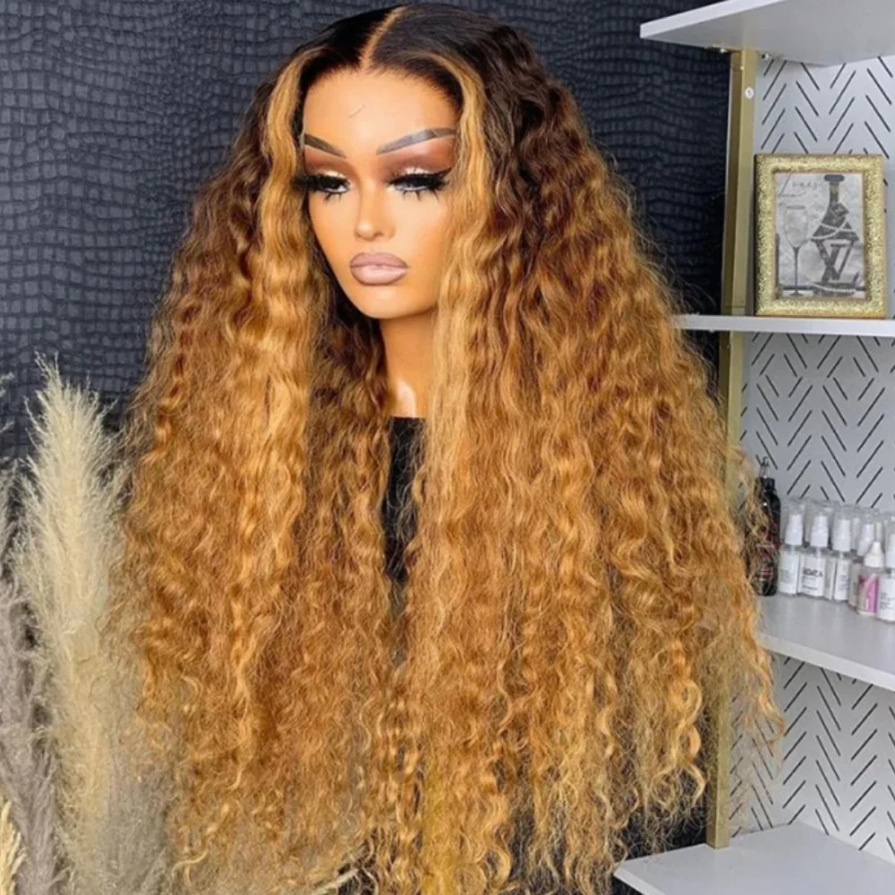 

Мягкий бесклеевой парик 180Density Long Kinky Curly Ombre Коричневый Блондин 26 дюймов Глубокий парик фронта шнурка для женщин с детскими волосами Предварительно выщипанные Ежедневно