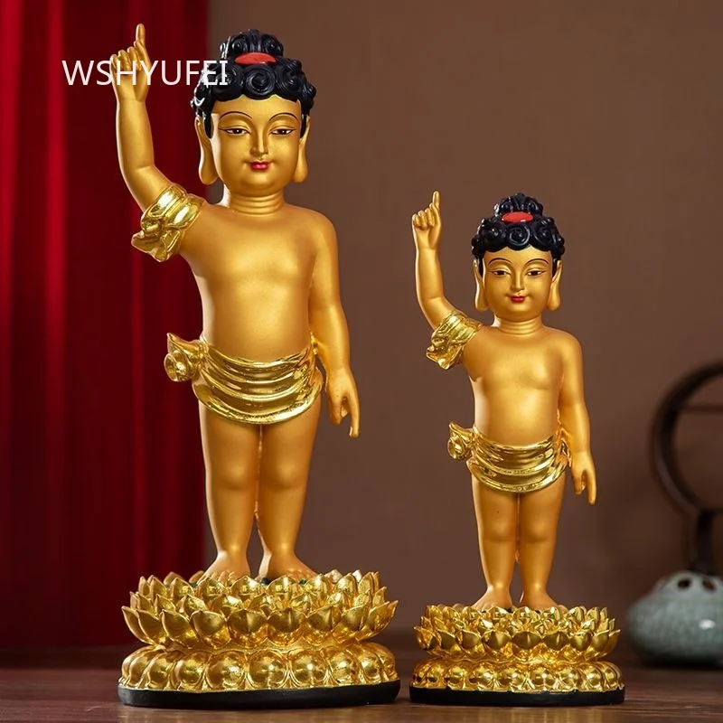 Golden Prince Buddha Statue Resin Baby Buddha Figurine with One Hand Pointing to Sky and Lotus Base for Bathing Buddha Festival
