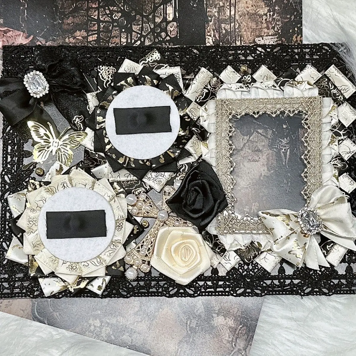 Dark Gothic Ribbon Lace Luxury Ita Bag Insert Board Ita Bag Decorations DIY Dark Blue Badge Organizer Board Read-made