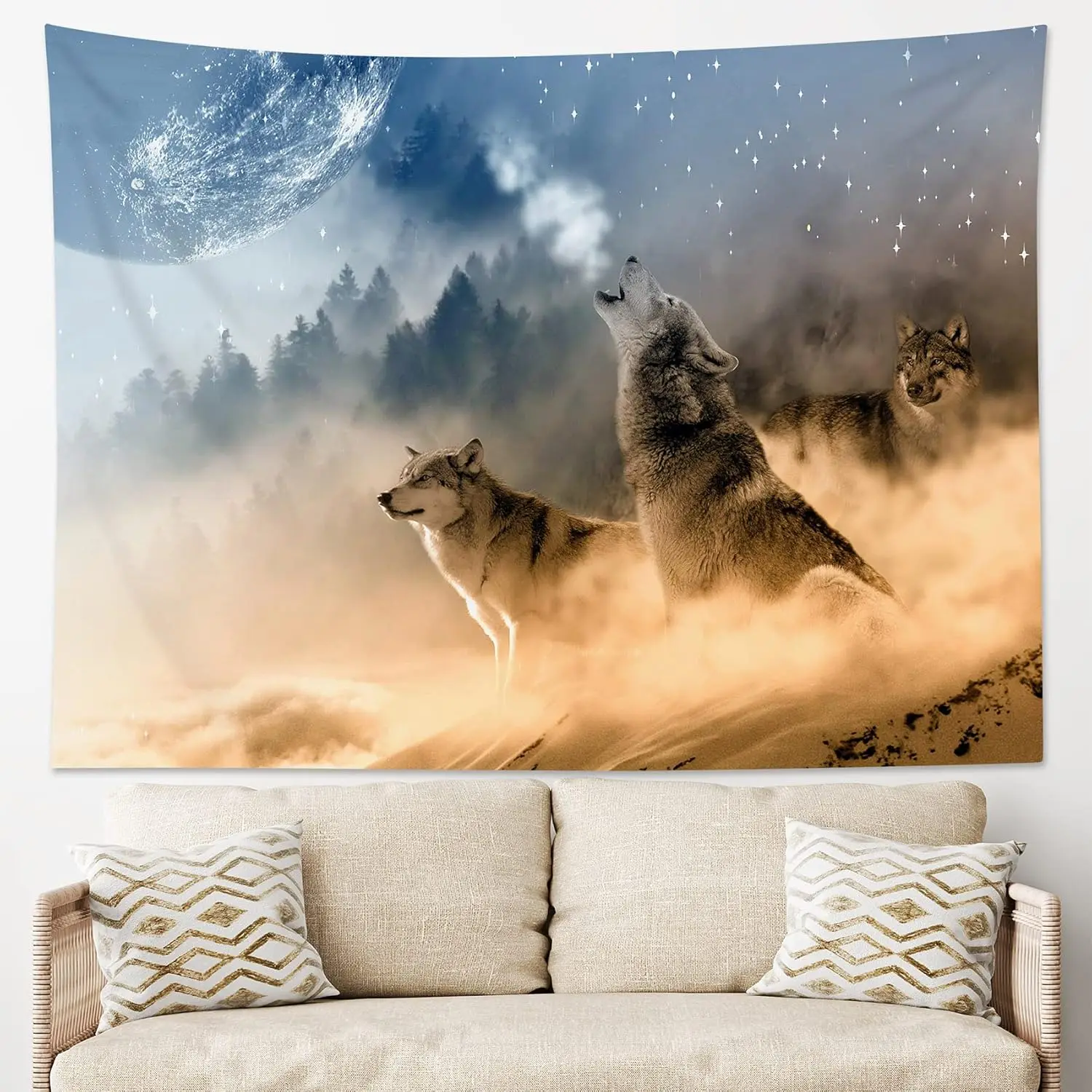 Wolf Tapestry Wall Hanging Wild Animal Wall Tapestry Wolves Howl in Snowy Tapestries Winter Snow Scene Wall Decor Blanket for
