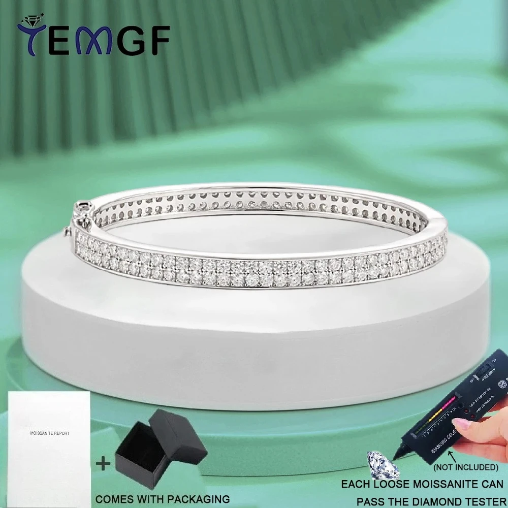 

TEMGF S925 Sterling Silver Bangle Double Row 3mm Moissanite Inlay for Women Men Sparkling Fine Jewelry Fashion Couple Love Gifts