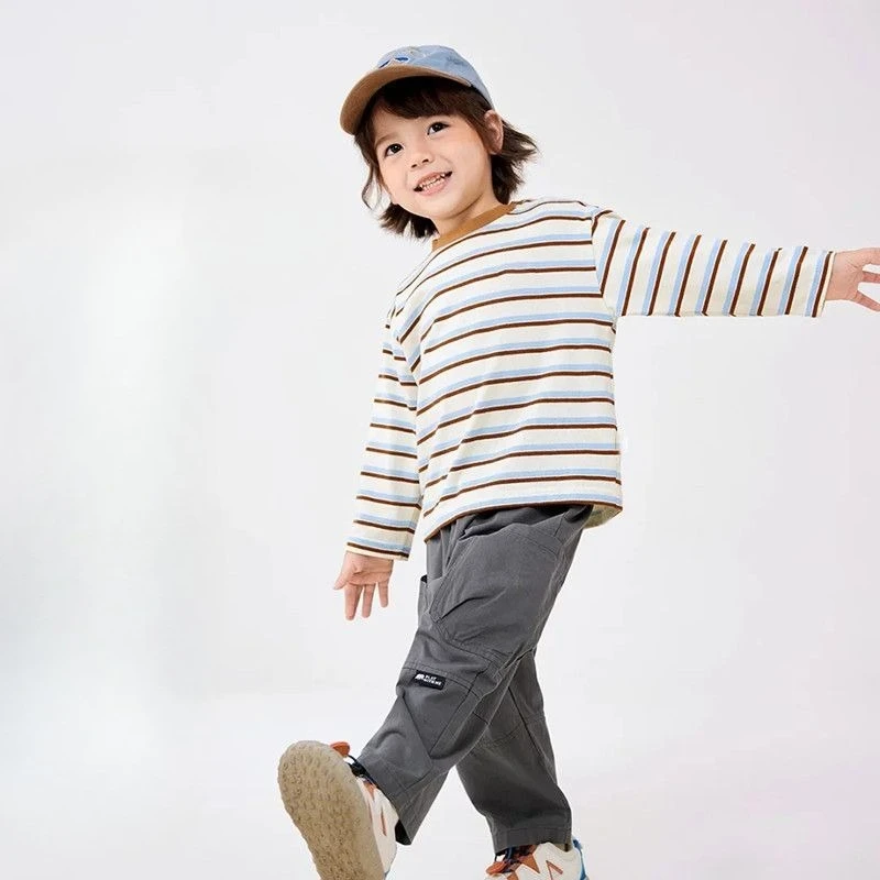 Children's Long Sleeve Pure Cotton T-shirt Versatile Stylish Boys Girls Striped Top Outdoor Comfortable Base Layer Kids Clothing