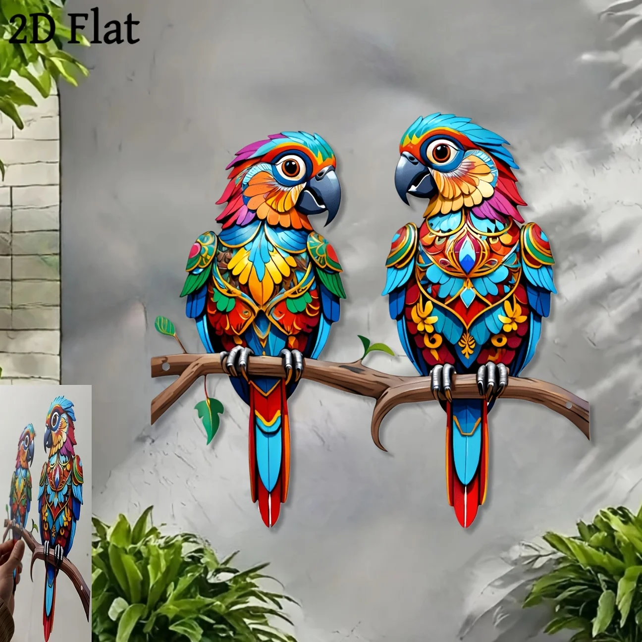 Decoração de parede 2D plana, 1 peça, com dois adoráveis pássaros de metal - perfeita para decoração de pátio, jardim, sala de estar e cerca do quarto.
