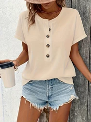 Spring and summer women's clothing European and American tops pure color twist button fashion short sleeve shirt women