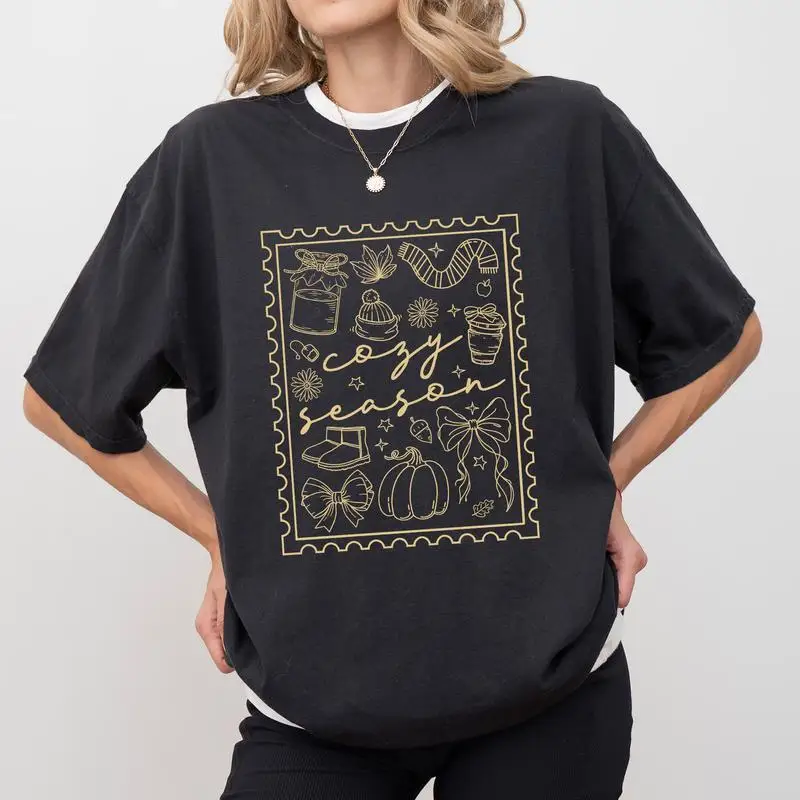 

Vintage Cotton "Cozy Season" T-Shirt Oversized Women's Autumn Graphic Tee Fall Vibe Pumpkin Aesthetic Gift Top