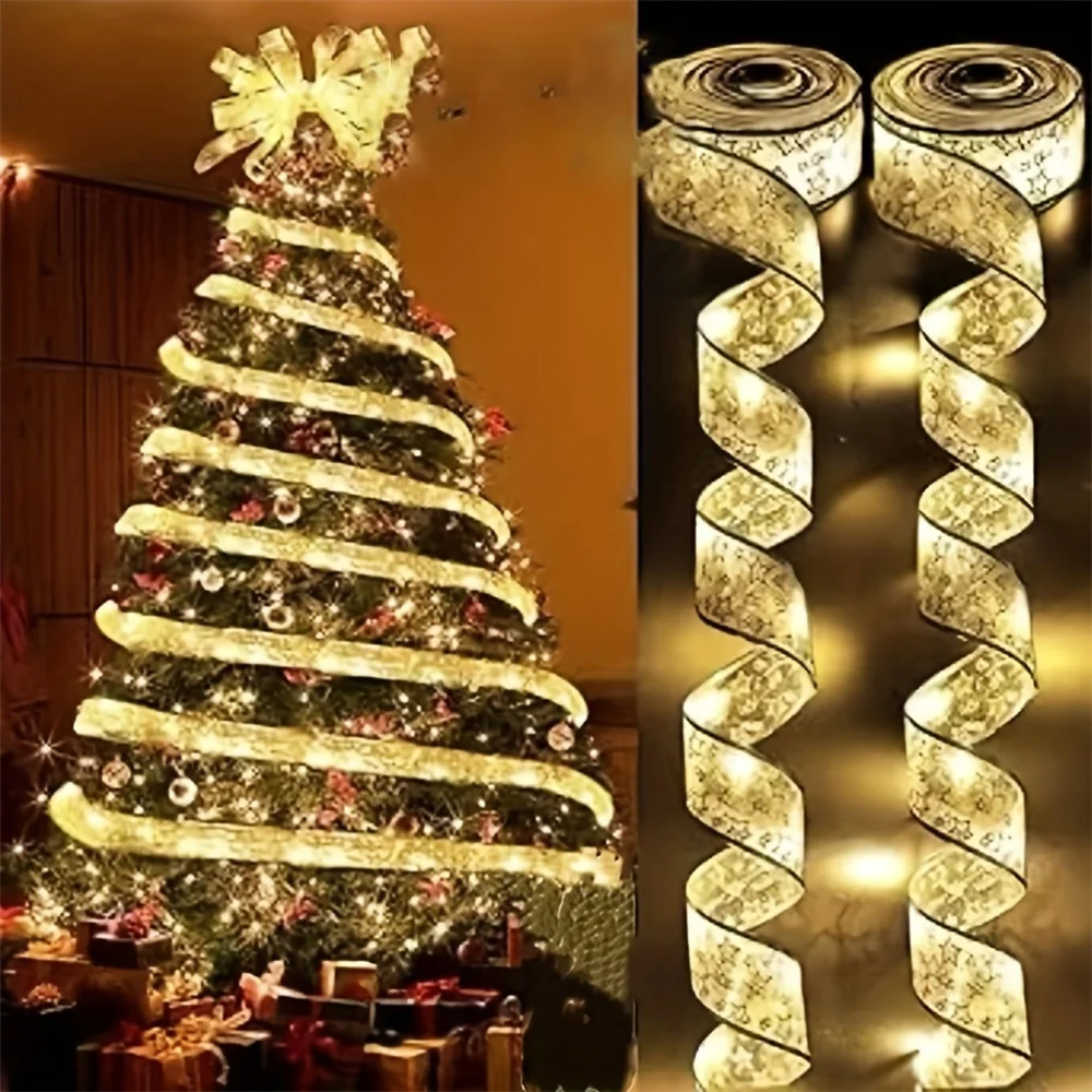 2-10M Christmas Bow Decoration Golden Christmas Ribbon Fairy String Lights for Home Party Christmas Tree and Gift Decor