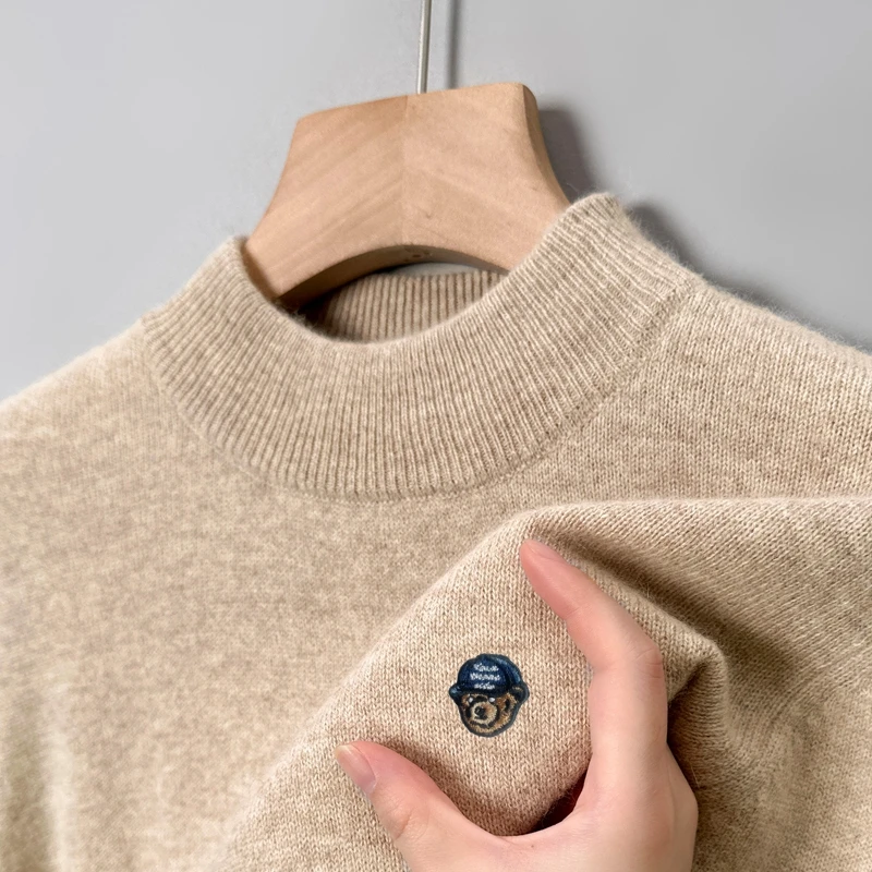 

New Arrival Brand Men's Knitted Wool Sweater Mock Neck Bear Embroid Pullover Winter Warm Soft Versatile Exquisite Men's Clothing