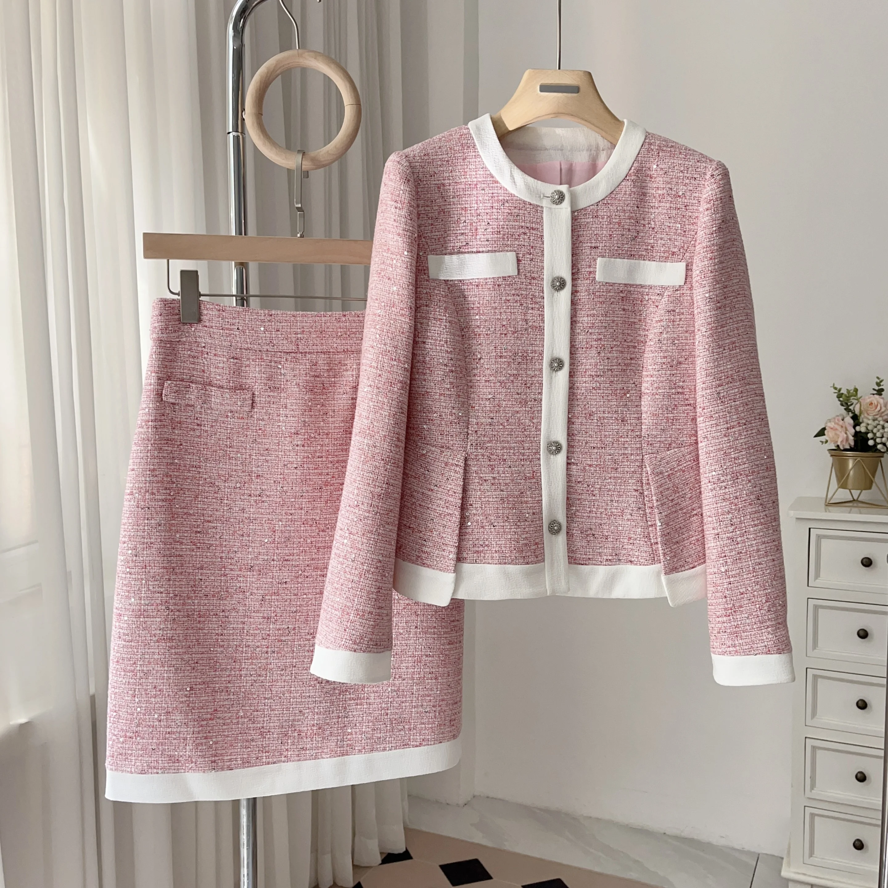 

Ele Rose Pink Woolen Coat And Skirt Set Women's Faion Spring Outfit Glittering High-end Line Long Sve Button Closure