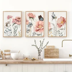 3 STKS Nordic Roze Bloem Muur Canvas Schilderij Prints Botanische Poster voor Slaapkamer Boerderij Woonkamer Decoratieve Foto