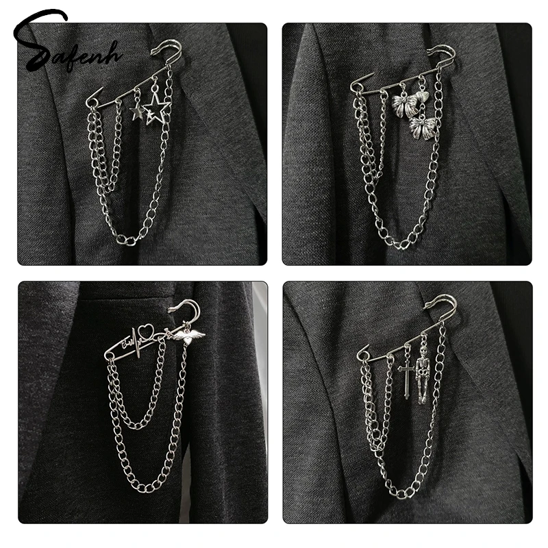 Fashion Heart Angel Wings Chain Brooch For Women Men Creative Suit Decoration Tassel Chain Pin Clothing Jewelry Accessories Gift
