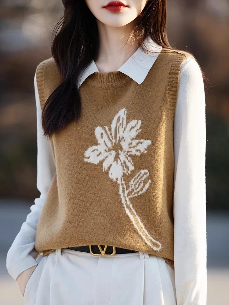 Edelweiss embroidery cashmere knitted waistcoat women spring and autumn loose fold wear sweater vest wool vest