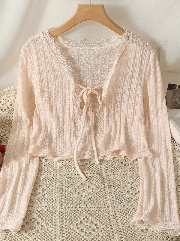 

Sun Protection Lace Open Cardigan Women's Thin Summer New Shoulder Shawl Outer Matching Halter Dress Cover up Outerwear