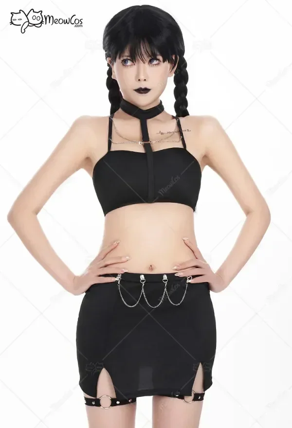 Meowcos Costume da bagno a due pezzi nero con ritaglio gotico da donna con cinturino per le gambe