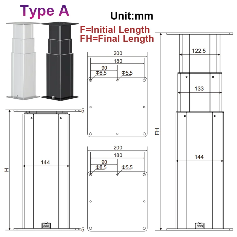 Dihool 2Pcs Synchronous Electric Lifting 3-section Column Each 80kg/200kg Load 280mm-1155mm Stroke Length 10mm/s 30mm/s Speed image 3