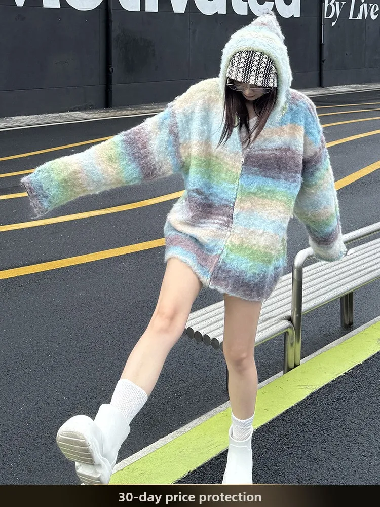 

Trendy American Brand adient Stripe Hooded Open Cardigan Sweater Men Autumn College Sle Couple Color Knitted Jaet