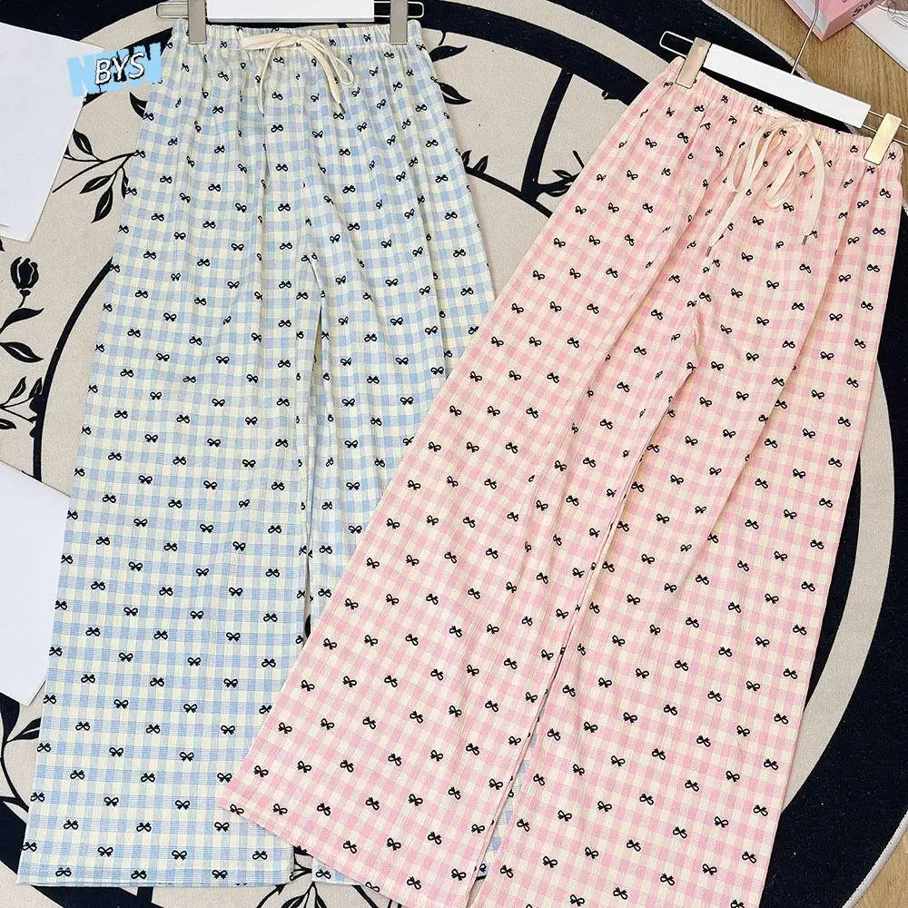 

Elastic Waist Stripe Plaid Bowknot Pajama Pants Bow Sweet Sleepwear Pants Women Indoor Outdoor Thin Casual Trousers Sleepwear