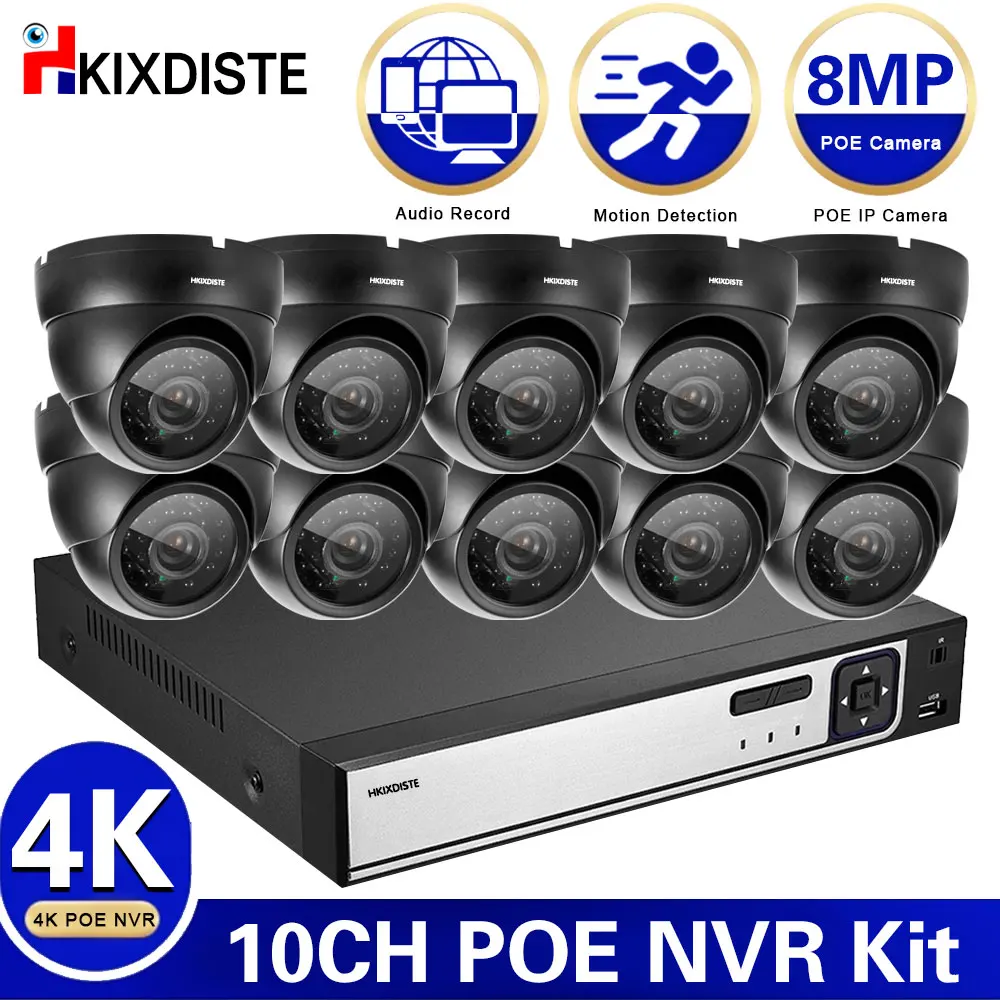 Motion Detect CCTV Camera Security System Kit 4K 8MP 8CH 10CH POE NVR Kit Outdoor Video Surveillance IP Dome Camera System Set