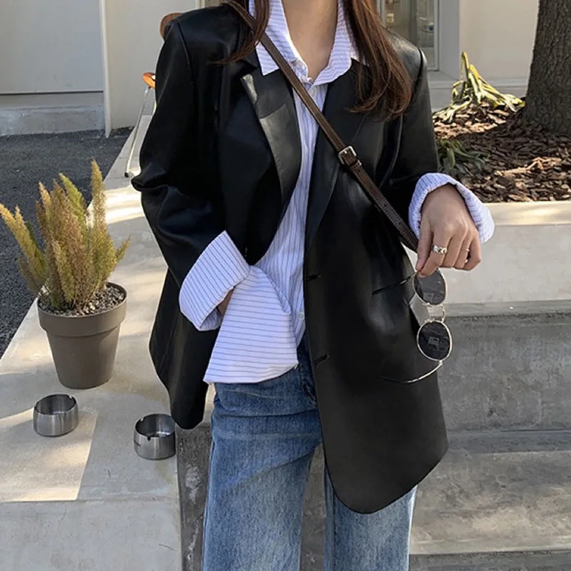 

Black Suit Leather Jacket Women's 2025 New Style Soft Korean PU Leather Coat High-end Female Loose Blazer Leather Overcoat
