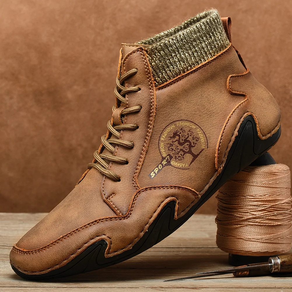 Winter Leather Men Boots Super Warm Man Snow Boots Handmade Mens Casual Shoes Walking Sneakers High Top Western Ankle Boots