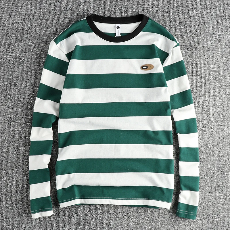 2024 Autumn New American Retro Long Sleeve O-neck Micro Chapter Striped T-shirt Men's Fashion 100% Cotton Washed Casual Tops