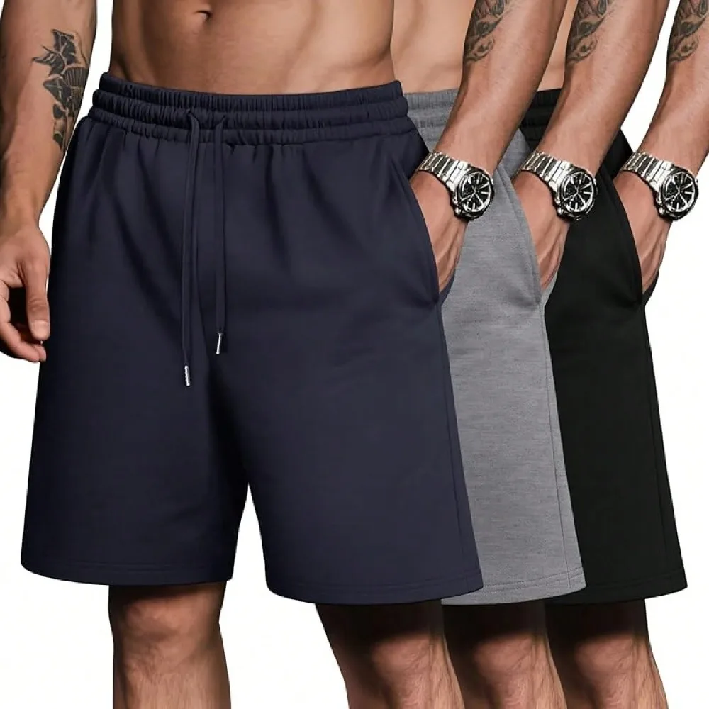 Men's Sports Shorts Cotton Casual High Waist Shorts with Pockets Drawstring Knee-Length Shorts High Quality Shorts