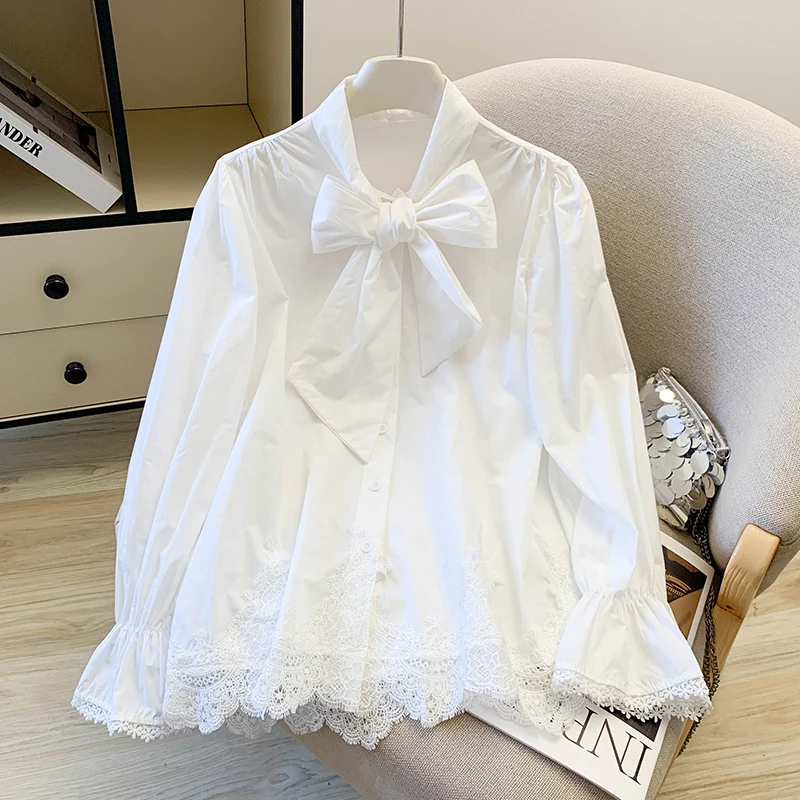 

Elegant Lace Splice Knot Tie Shirt Women's Spring Summer Fashionable Versatile White Small Top Commute Style Knitted