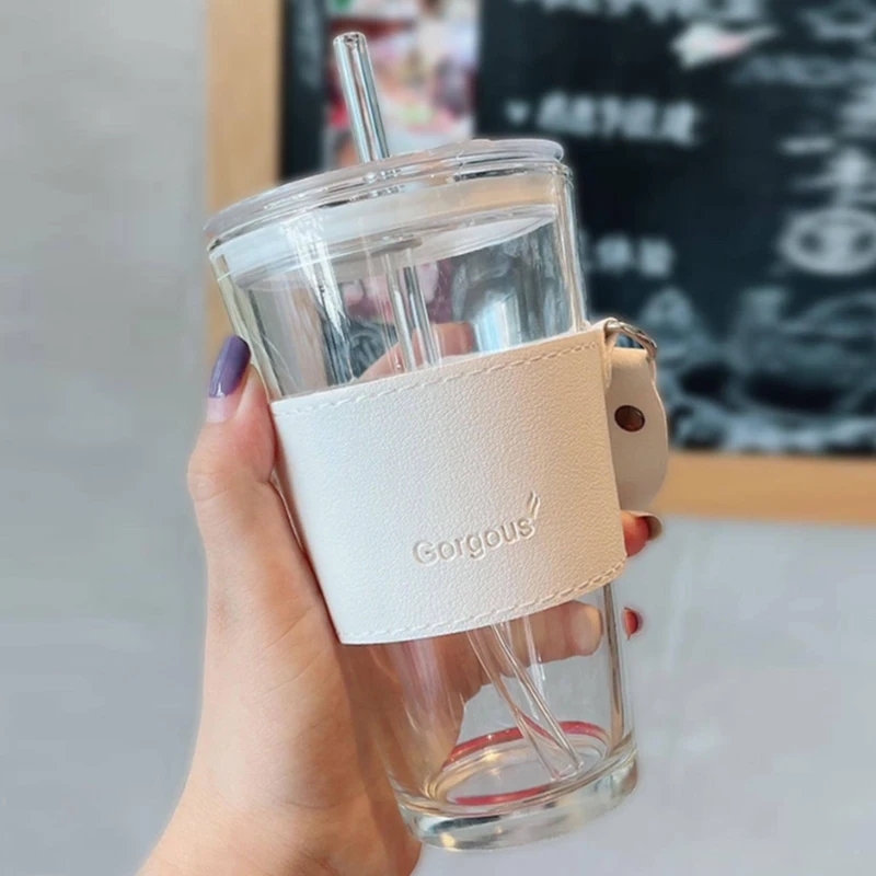 Glass Cups With Cover+Straw+Leather Sleeveand，Reusable Boba Bottle, Iced Coffee Glasses, Travel Tumbler For Bubble Tea