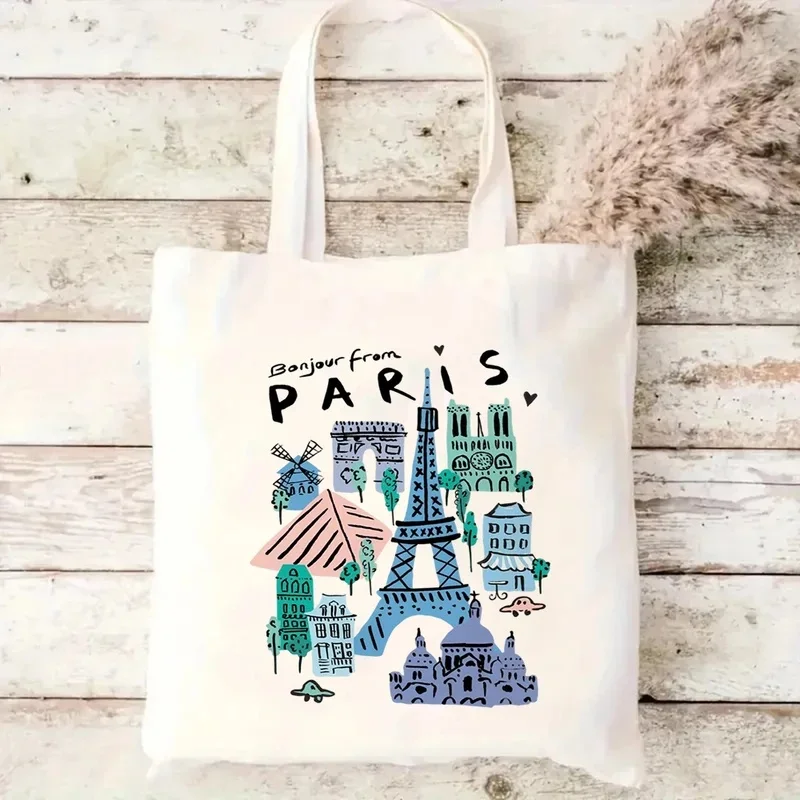 City Landmark Doodle Canvas Tote Bag Paris Tokyo Seoul Print Handbag For Travel Lover Daily Casual Shopping Bag