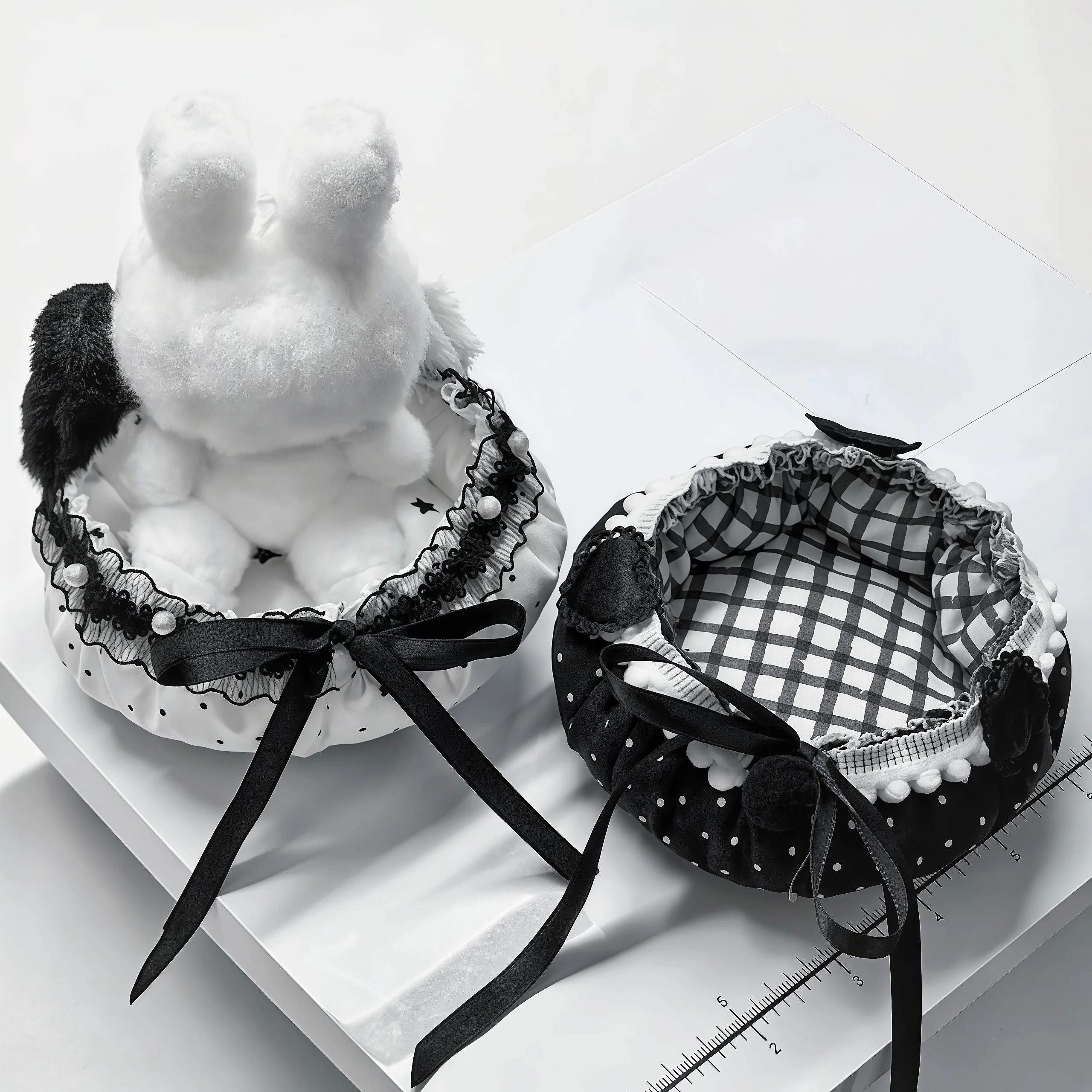 Handmade Cat Ear 10/14cm Plushie Nest, Dark Polka Dot Element Soft Storage Cushion, for Anime Kpop Merch Shooting Decor Prop