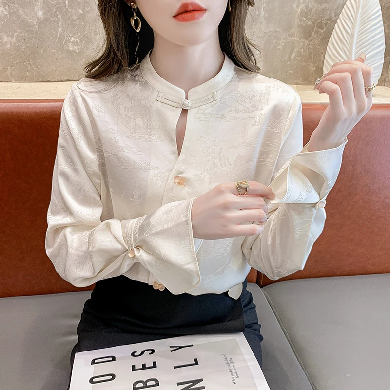 QOERLIN Chinese New Style Acetate Satin Shirts Women Spring Fall Quality Disc Button Jacquard Top Blouse Flare Long Sleeve Shirt