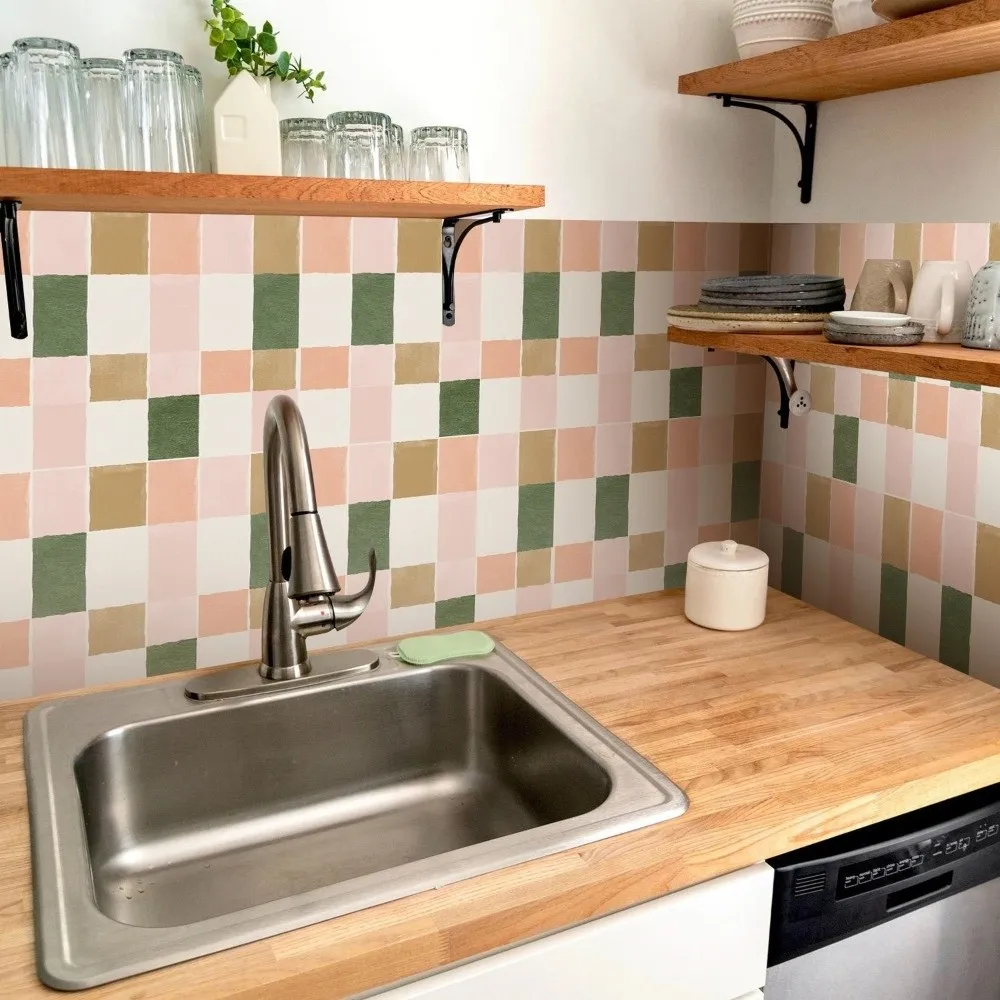 10Pcs Retro Pink&Green Vinyl Tile Stickers Wear-resistant PVC Wall Stickers DIY Peel&Stick Backsplash Panel Home Decor