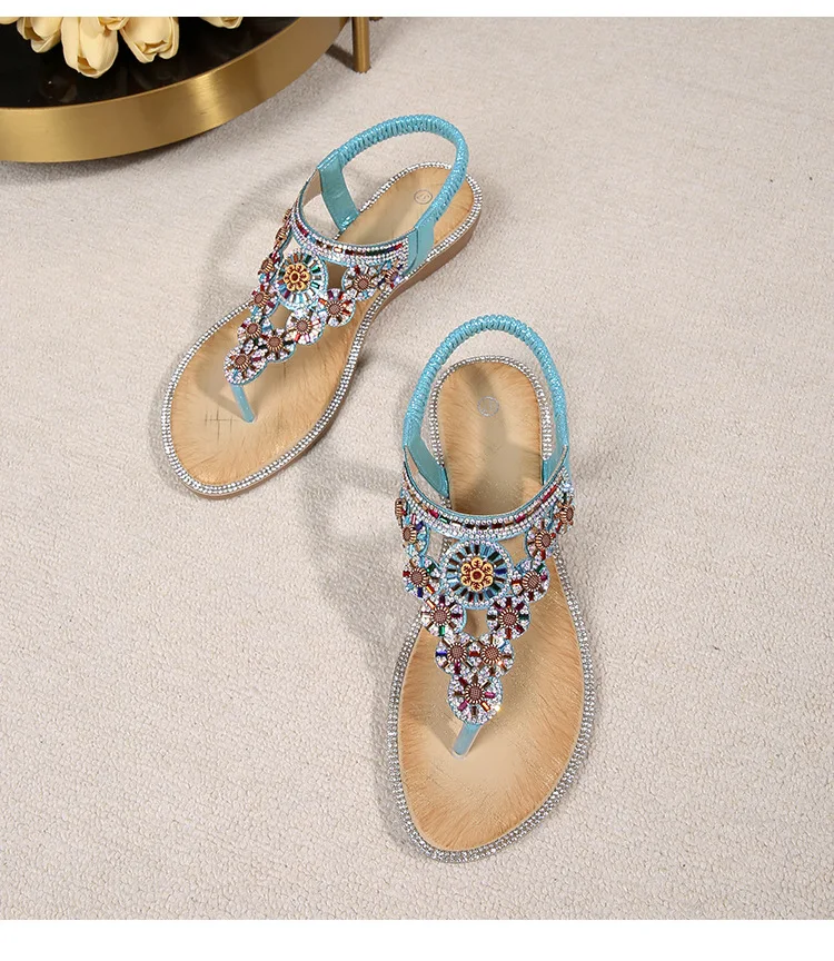 

New Bohemian rhinestone sandals, casual and comfortable, latex massage, thick-soled, large size, flat shoes