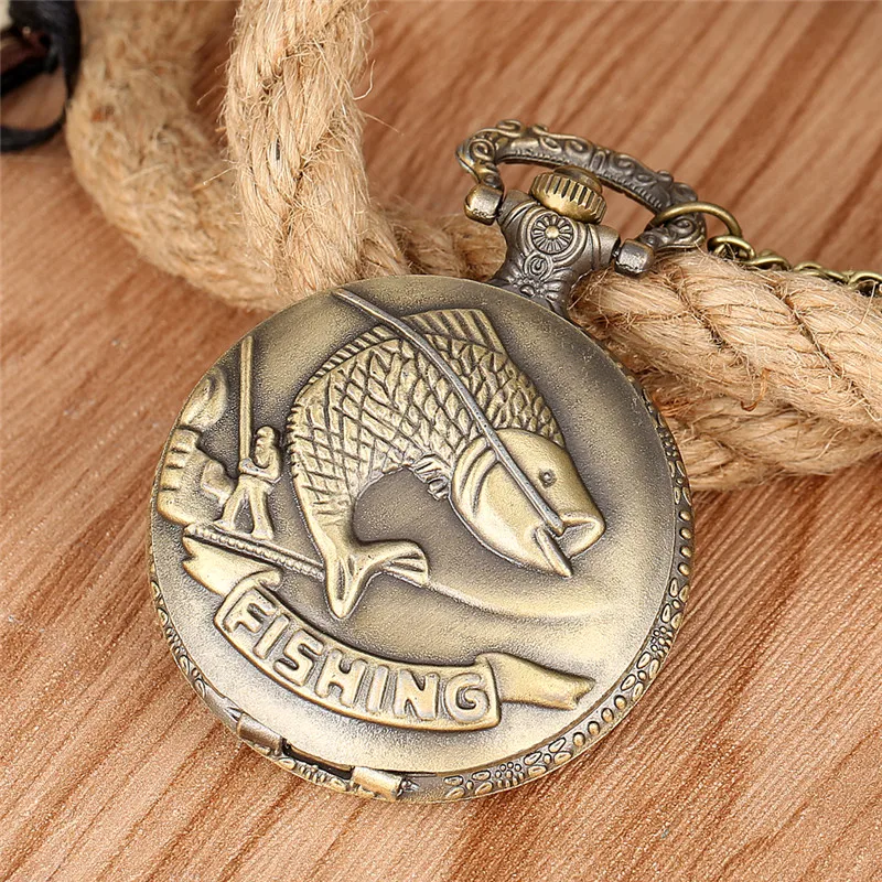 Carved 3D Fish Pattern Men Women Fishing Quartz Analog Pocket Watch Sweater Necklace Chain Timepiece Arabic Number Clock Reloj