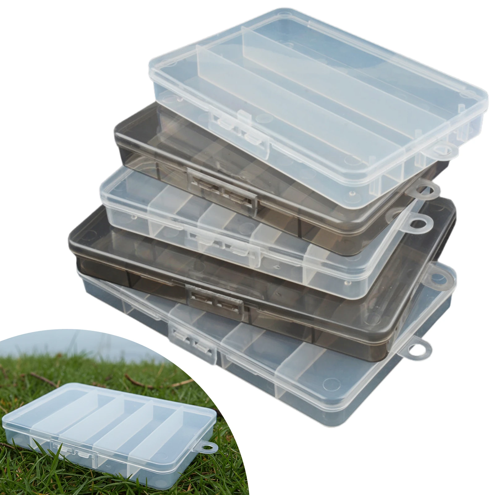 3/5 Fächer, transparente Kunststoff-Köderbox, schwarz, Aufbewahrungsbox für Angelgeräte, langlebig, leicht, für Angelhaken, Köder
