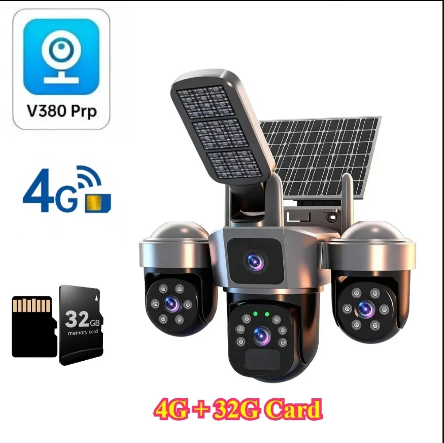 DIFANG V380 Pro WiFi draadloze zonnecamera Drie schermen buiten 4G Sim-kaart Solar CCTV Batterij met drie lenzen Zonne-beveiligingscamera