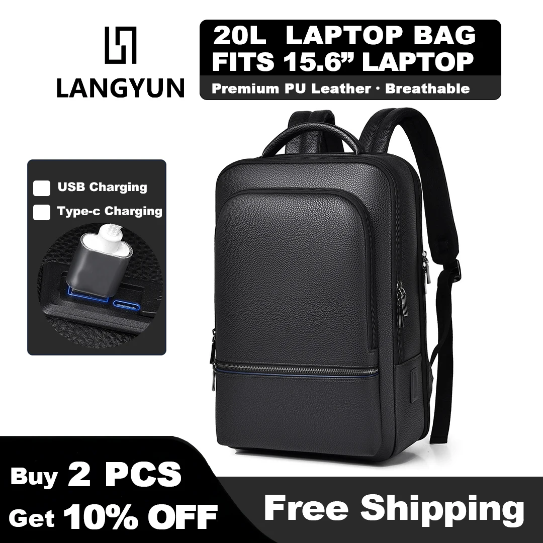 

LANGYUN Large Capacity Business Backpack Men Waterproof Laptop Bag 15.6-inch with USB & Type-C Charging Port