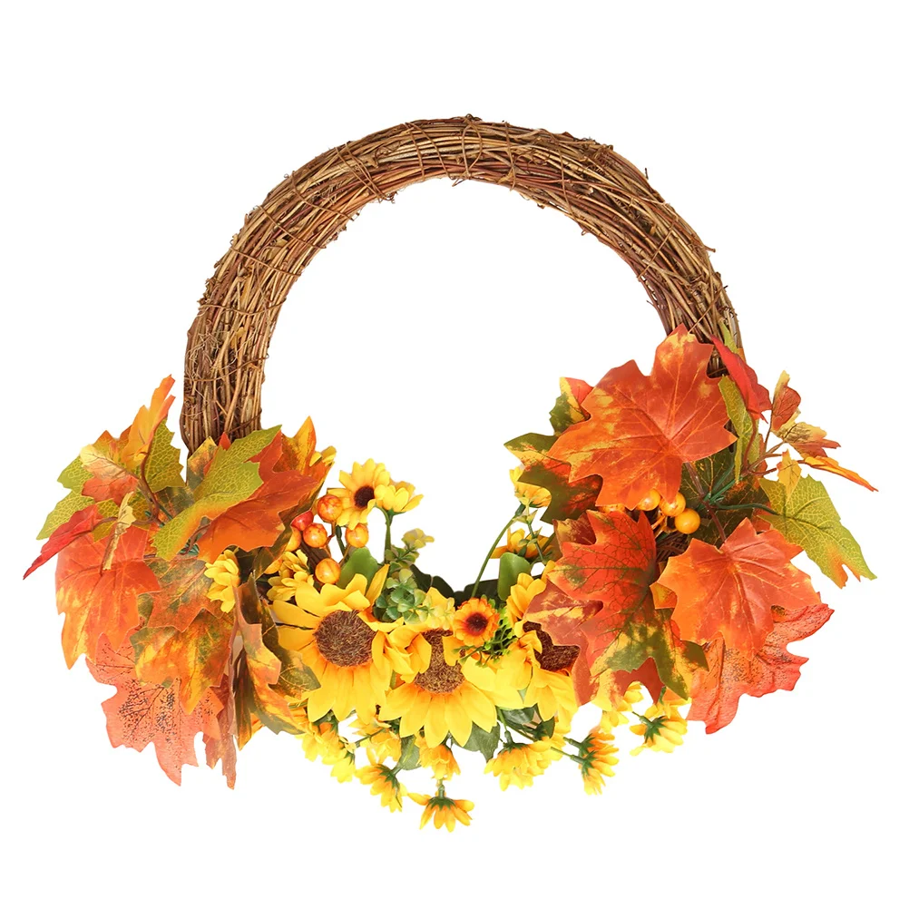 

Artificial Sunflower Maple Leaf Autumn Garland Door Hanging Wreath 45cm Bright Color Naturalistic Wall Decor Floral