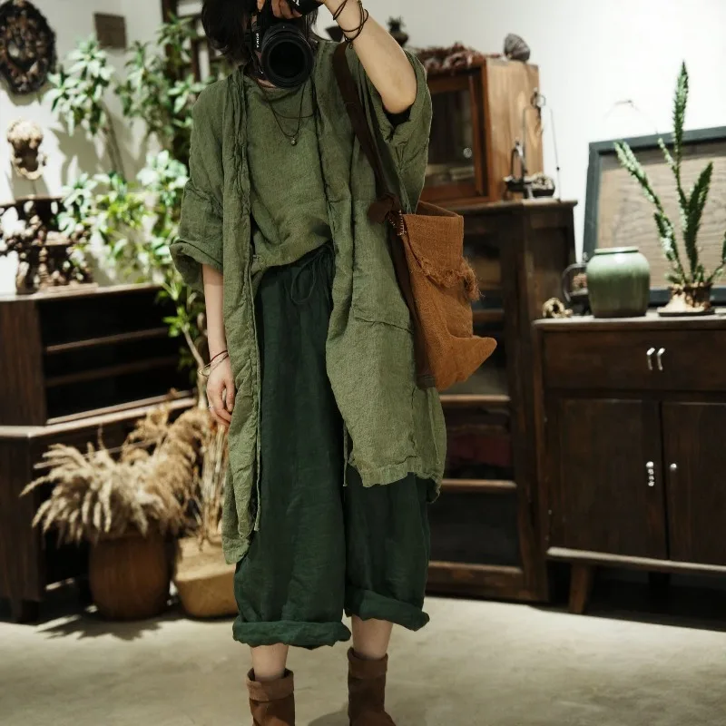Autumn New Arts Style Women Batwing Sleeve Double Pockets Open Stitch Jackets Vintage Solid Color Cotton Linen Loose Long Coats