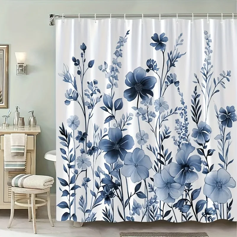 1pc Blue & White Floral Watercolor Shower Curtain - Machine Washable Polyester Bathroom Decor with Light Blue Blooms, Elegant Fl