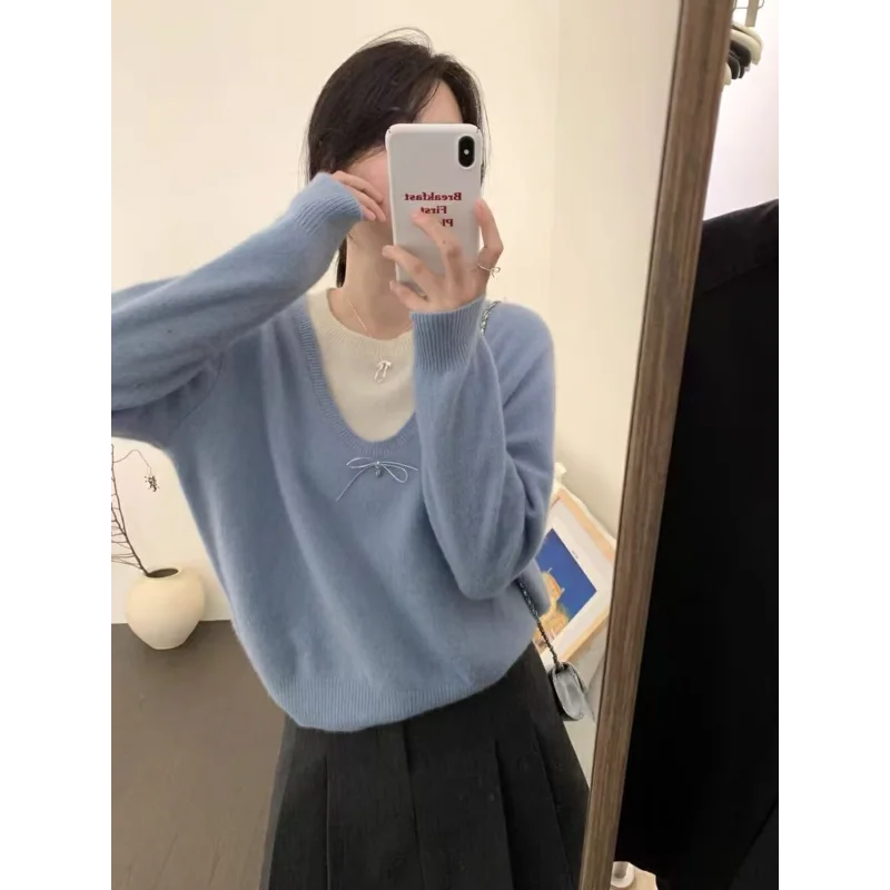 

Темпераментный сращивание, искусственный двухсекционный вязаный свитер с бантом для женщин, осенне-зимний пуловер, свитер, топ