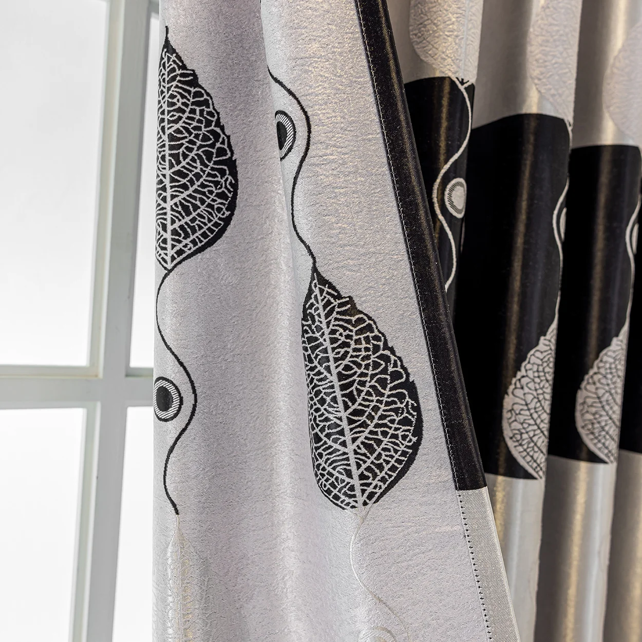 1pc Jacquard Blackout Curtains, Modern Minimalist Black & White Leaf Pattern, for Living Room & Bedroom