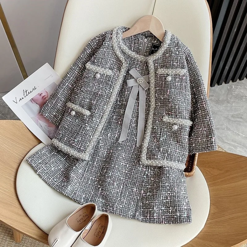 Girls' Coat Spring and Autumn New Fashionable Cardigan for Older Children, Stylish Little Girl's Autumn Outfit Set with Skirt