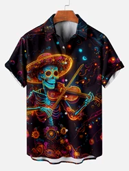 Men's shirt skull guitar print men's Hawaiian lapel top beach casual and comfortable men's short-sleeved shirt 2024 new style